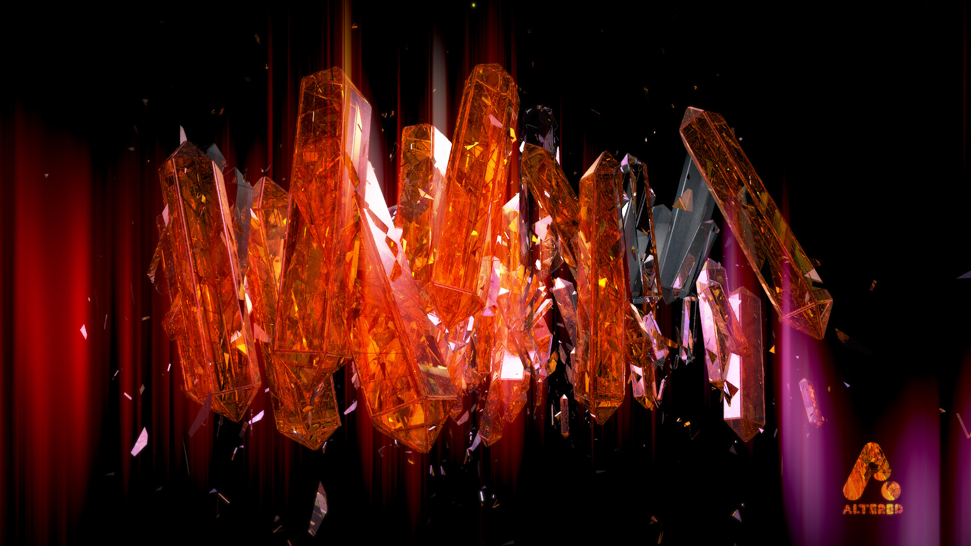 CG, 3D rendered image of orange crystals floating in a void, Crystaline Breath, Using Cinema 4D, After Effects and photoshop, by Lee Robinson, freelance motion graphics designer, altered.tv london, design animation