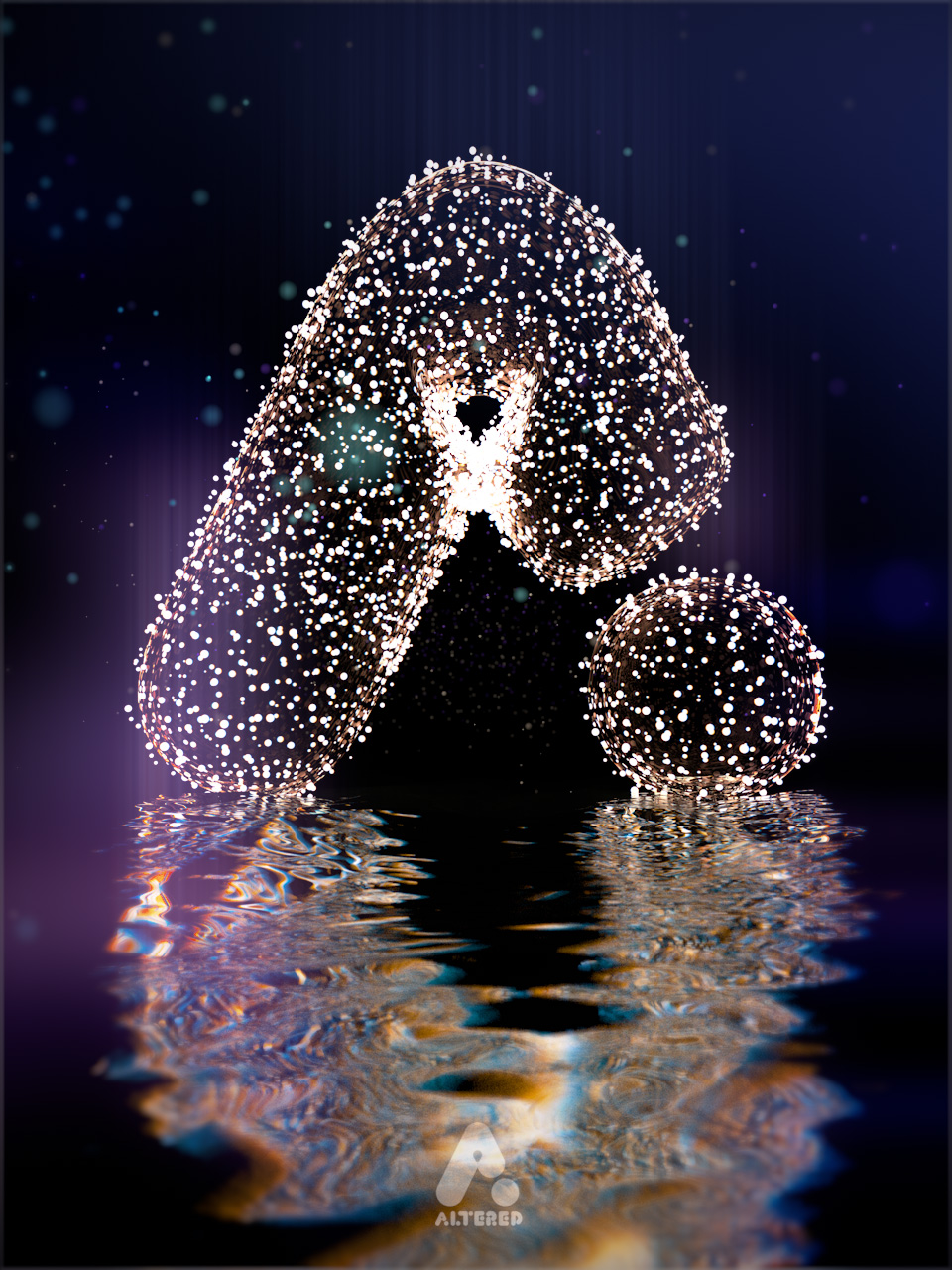 Altered tv logo, CG 3D render of logo lights reflected in water