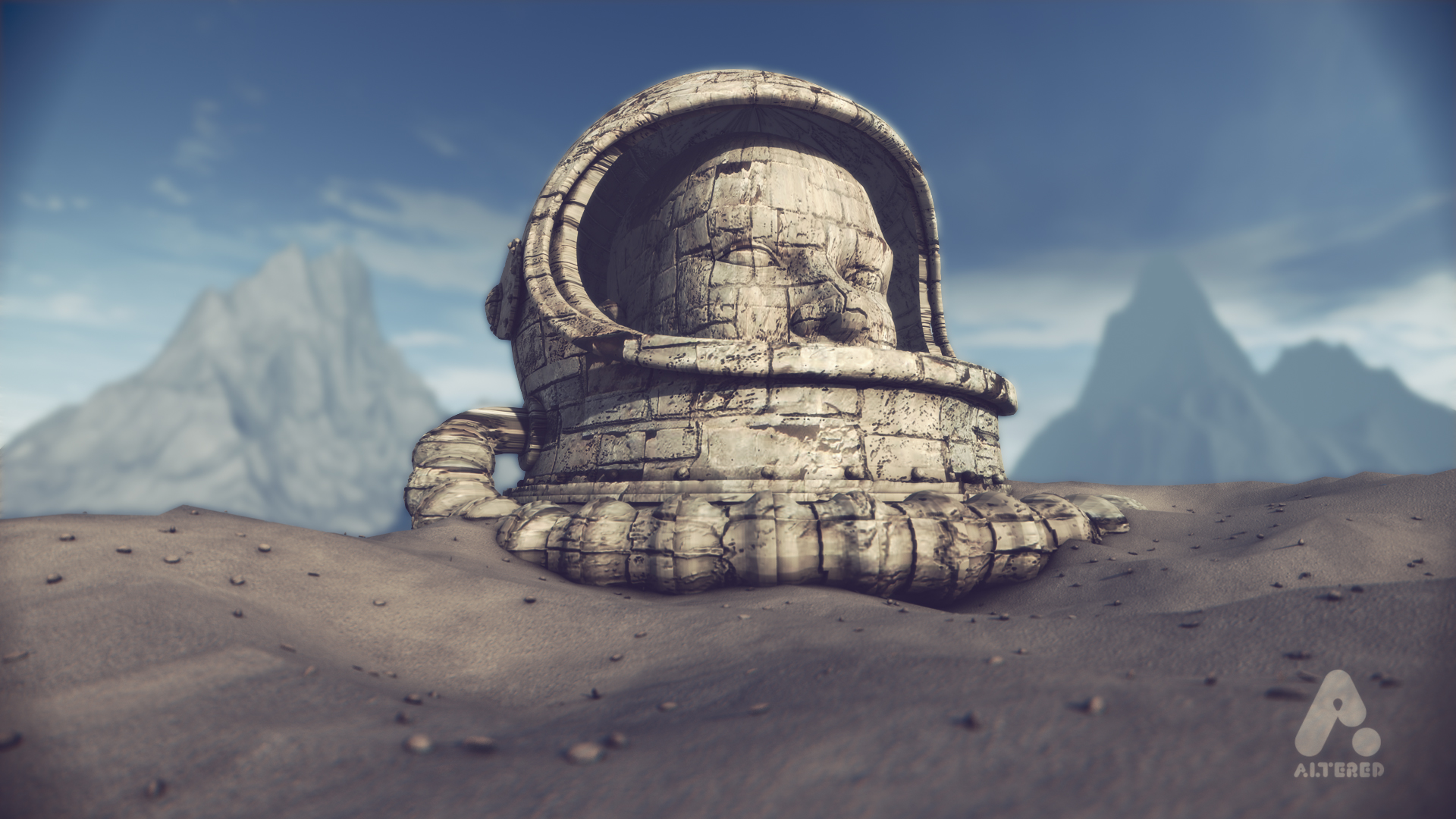 Planet 42, retro stone spaceman helmet in the desert, CG 3D motion graphics animated short film, design animation art direction altered.tv London